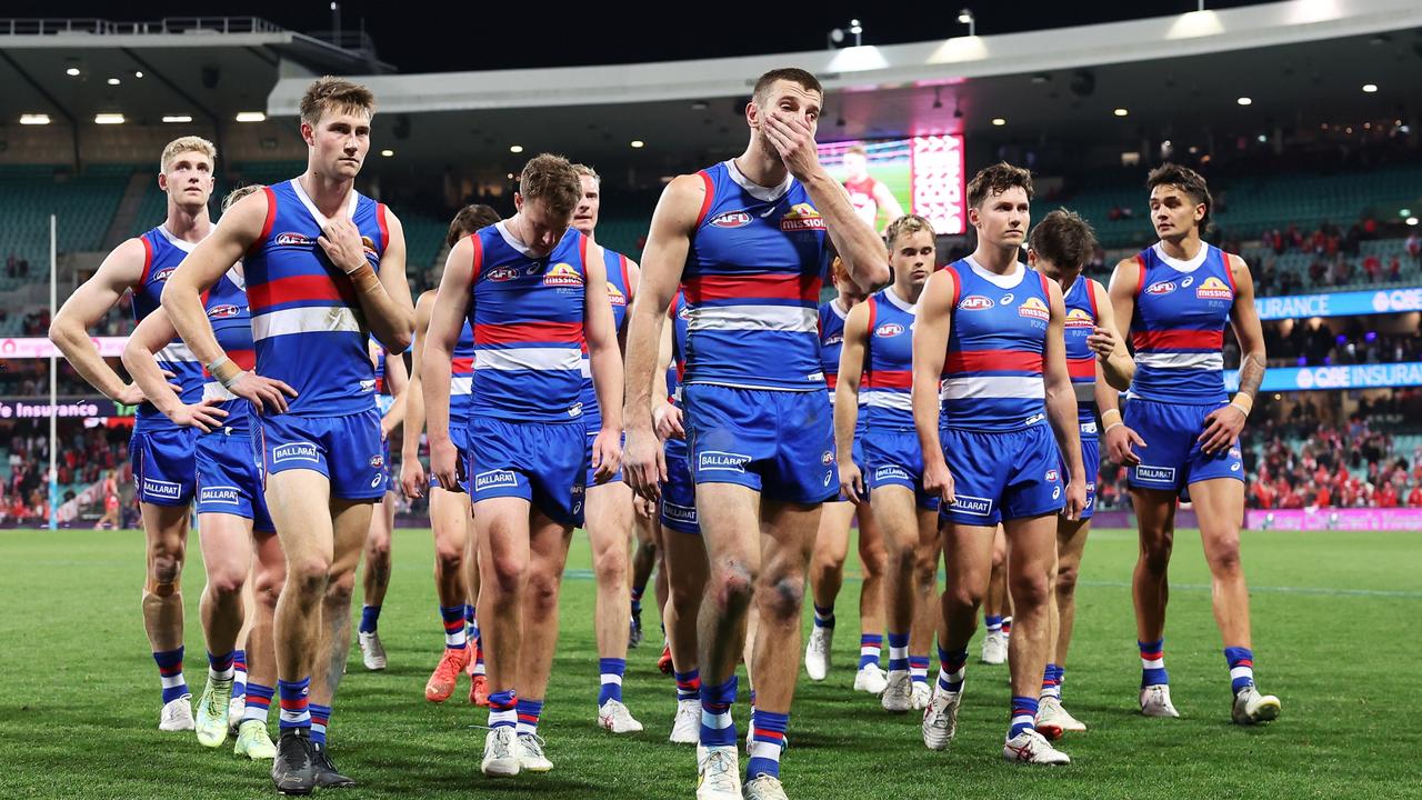 Marcus Bontempelli leads the Bulldogs off the ground after the loss to Sydney. Picture: Matt King/AFL Photos