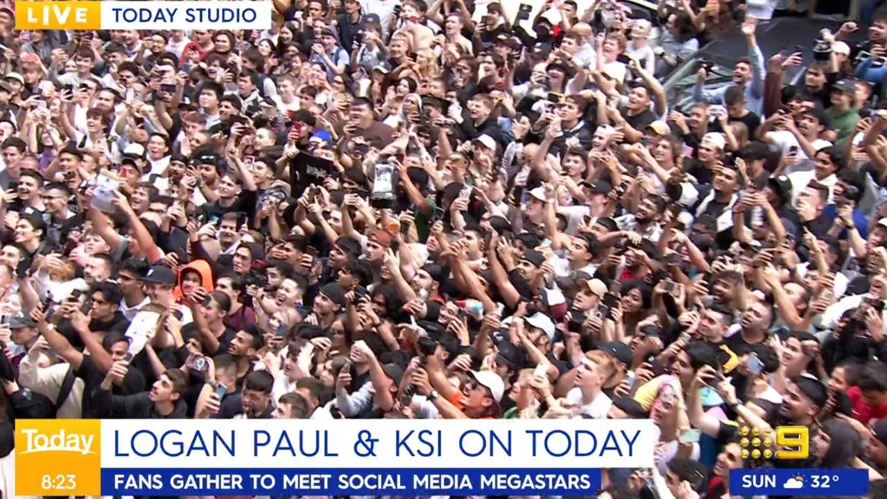 Thousands have gathered outside Nine to get a glimpse of Logan Paul and KSI. Picture: Nine