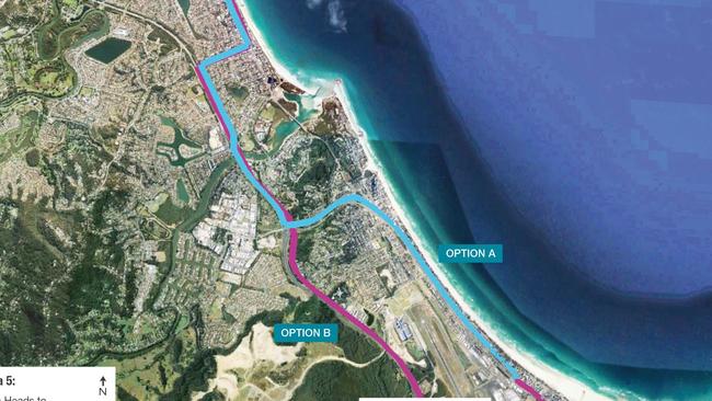 The light rail path through Burleigh and Palm Beach as originally proposed in the GCC consultation. PHOTO: Supplied