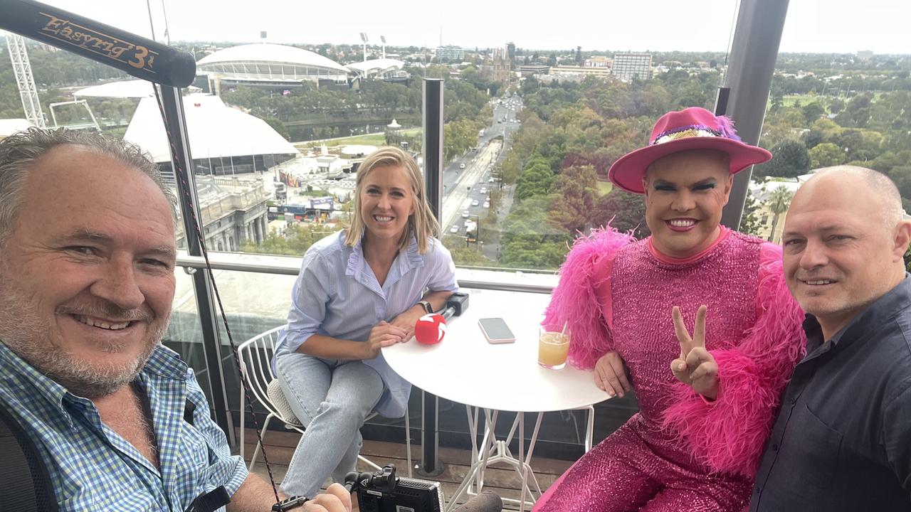 David 'Wooly' Woolford with 7NEWS Adelaide presenter Elspeth Hussey and Hans. Picture: 7NEWS Adelaide