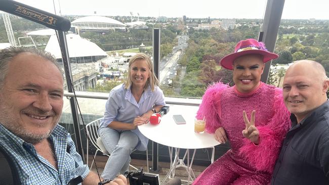 David 'Wooly' Woolford with 7NEWS Adelaide presenter Elspeth Hussey and Hans. Picture: 7NEWS Adelaide