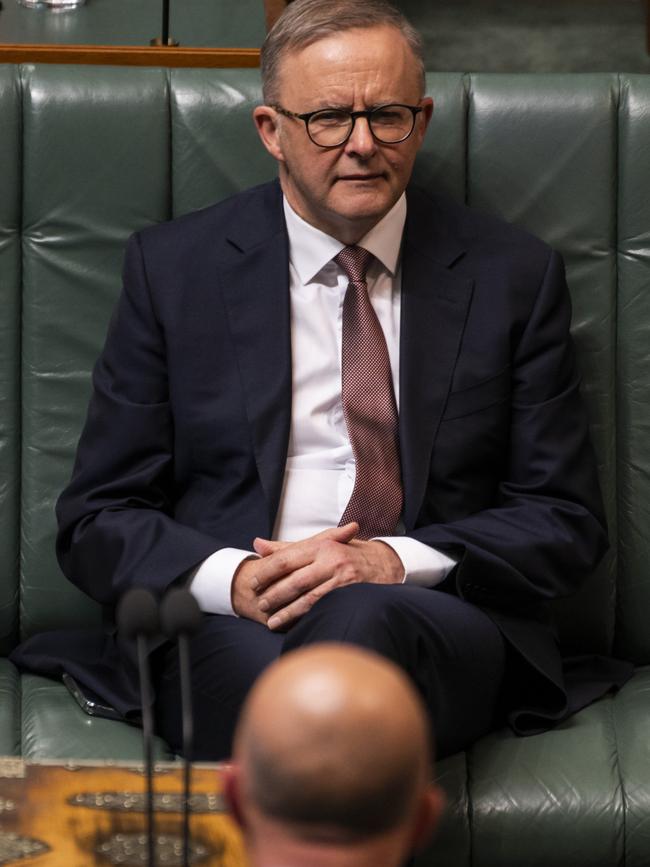 Anthony Albanese watches on as Peter Dutton delivers his budget reply speech. Picture: Getty Images