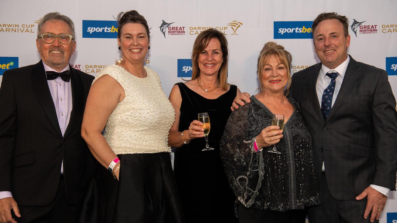 Leigh Wissell, Deanne Sealey, Rebecca Bullen, Phil Gardiner and Patricia Flanegan at the 2024 Darwin Turf Club Gala Ball. Picture: Pema Tamang Pakhrin