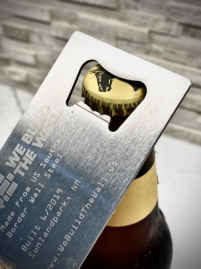 Laser-etched El Paso Border Wall steel bottle openers sell for $US29.99 on the site. Picture: Supplied