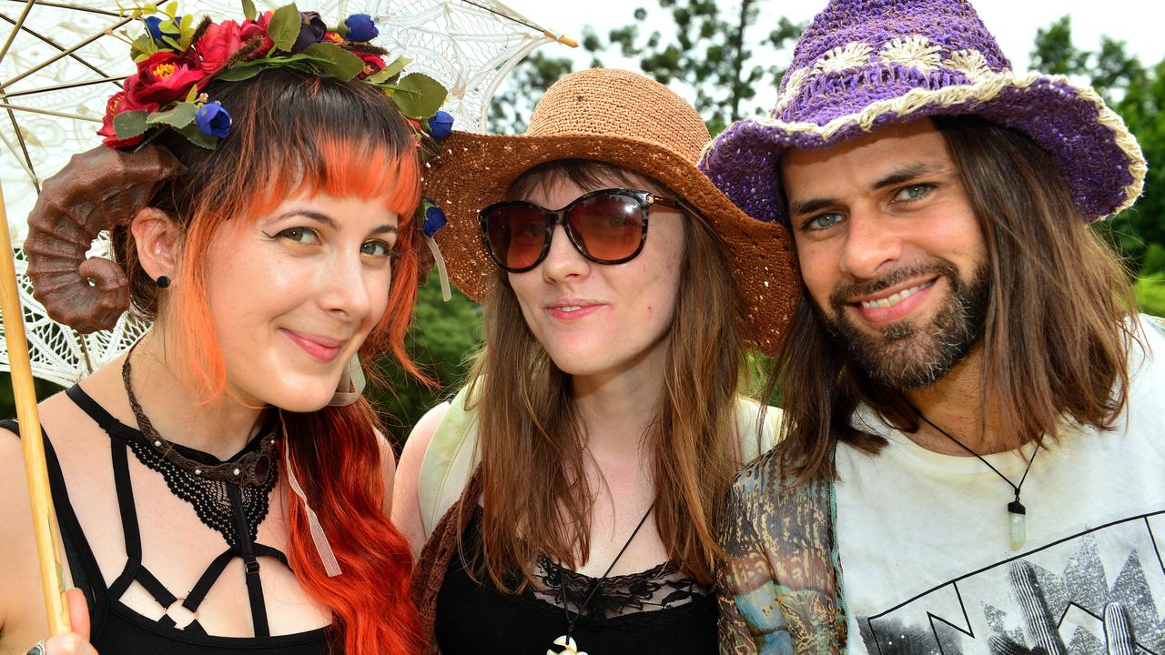 Jacinta McLennan, Natalie Kerr and Damian Tapley from Brisbane enjoying the vibe at Woodford Folk festival, 2017.