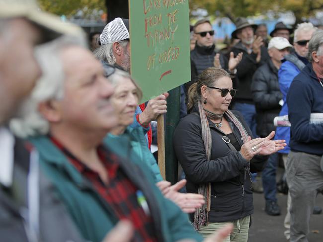 Fishers and walkers rally on Parliament Lawns in protest of helicopter access at Lake Malbena. Picture: PATRICK GEE