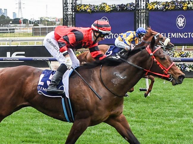 Miss Albania ridden by Liam Riordan wins the VRC Member Kate Crosby Sprint at Flemington Racecourse on August 07, 2021 in Flemington, Australia. (Brett Holburt/Racing Photos via Getty Images)