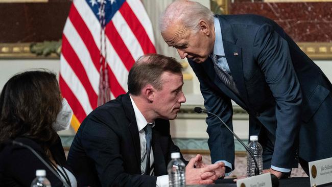 US President Joe Biden confers with his National Security Adviser Jake Sullivan. Picture: Getty Images