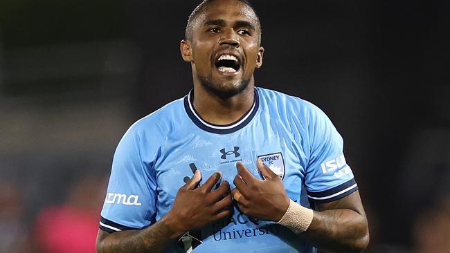 SYDNEY, AUSTRALIA - MARCH 01: Douglas Costa of Sydney FC reacts during the round 21 A-League Men match between Macarthur FC and Sydney FC at Campbelltown Stadium, on March 01, 2025, in Sydney, Australia. (Photo by Cameron Spencer/Getty Images)