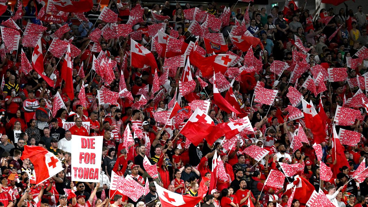 BRISBANE, AUSTRALIA - OCTOBER 18: Tongan fans show their support during the men's 2024 Pacific Championships match between Australia Kangaroos and Tonga at Suncorp Stadium on October 18, 2024 in Brisbane, Australia. (Photo by Bradley Kanaris/Getty Images)