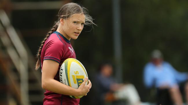 Leilani Hills of Queensland reacts after scoring a try during the 15s Youth Girls Queensland and Barbarians during a Rugby 7s Series on Sunday, December 4, 2022 at Forshaw Park, Sylvania, Australia. (Photo by Jeremy Ng/Daily Telegraph News Local)