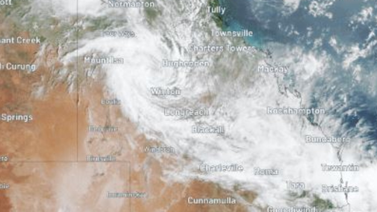 Satellite showing Ex-TC Kirrily spinning in the northwest, and a stream of cloud flowing towards the southeast coast this morning