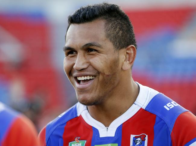 Daniel Saifiti of the Knights smiles after the Round 22 NRL match between the Newcastle Knights and the New Zealand Warriors at McDonald Jones Stadium in Newcastle, Saturday, August 5, 2017. (AAP Image/Darren Pateman) NO ARCHIVING, EDITORIAL USE ONLY