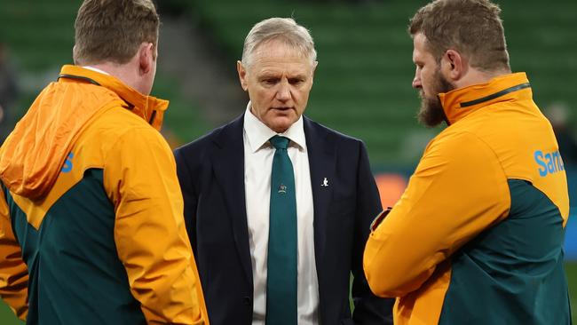 Wallabies players want coach Joe Schmidt (centre) to recommit. Picture: Cameron Spencer/Getty Images