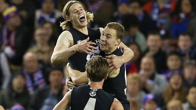 Tom De Koning celebrates first AFL goal on debut. Picture: Michael Klein