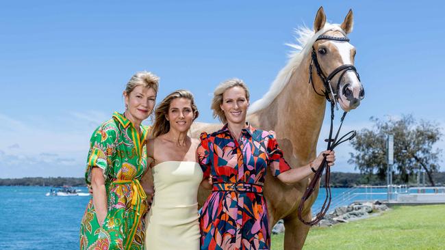 Katie Page-Harvey, Elsa Pataky and Zara Tindall with Amelia on the eve of Magic Millions day at the Gold Coast. Picture: Luke Marsden