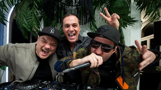 [L-R] Glenn Wilson, Shannon Noll and Adriano Mercurio. Noll teamed up with the Sydney DJ duo the Sunset Bros to remix his 2004 hit ‘What About Me’. Picture: Brendan Read