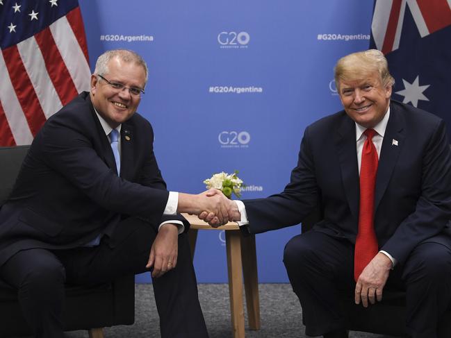 Australian Prime Minister Scott Morrison  shakes hands during a photo opportunity with US President Donald Trump during the G20 summit in Buenos Aires. Picture: AAP