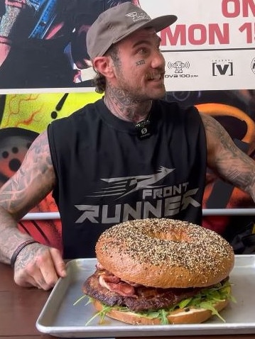 Online content creator and personal trainer Jimmy Judge taking on the 3.2 kilo breakfast bagel challenge from UE Bagels