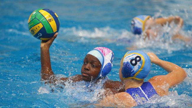 Victoria Belando Nicholson in action at the Australian water polo youth championships at the Sleeman sports complex in Brisbane. Picture: Tertius Pickard