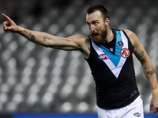 MELBOURNE, AUSTRALIA - AUGUST 01: Charlie Dixon of the Power celebrates a goal during the 2021 AFL Round 20 match between the GWS Giants and the Port Adelaide Power at Marvel Stadium on August 1, 2021 in Melbourne, Australia. (Photo by Michael Willson/AFL Photos via Getty Images)