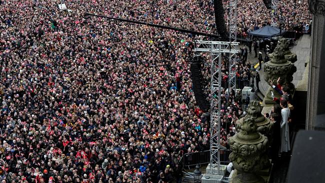 The Danish royal family stands on Christiansborg balcony before a sea of Danes in Copenhagen. Picture: Reuters