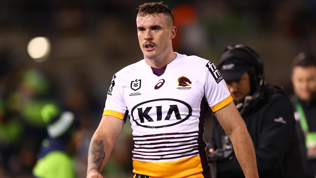 CANBERRA, AUSTRALIA - JUNE 12: Kobe Hetherington of the Broncos leaves the field after being sent off during the round 14 NRL match between the Canberra Raiders and the Brisbane Broncos at GIO Stadium, on June 12, 2021, in Canberra, Australia. (Photo by Mark Nolan/Getty Images)