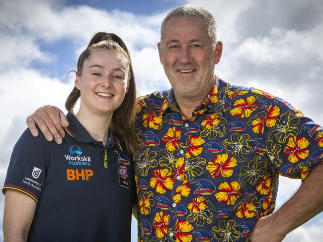 ADELAIDE, AUSTRALIA - Advertiser Photos MARCH 5, 2022: SAWeekend: AFLW Crows Women AFL players with their fathers - Sarah and Keith Allan on Unley Oval, SA Picture Emma Brasier