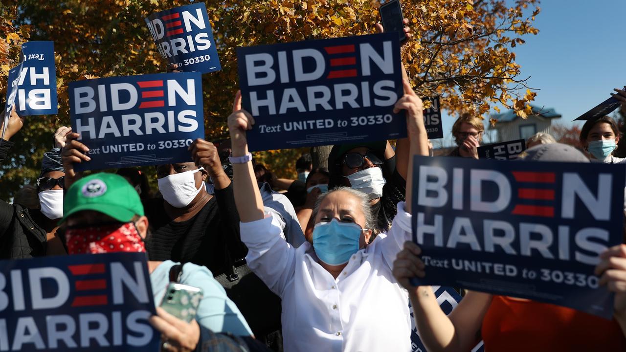 People celebrate the news that Democratic presidential nominee Joe Biden has seemingly won the election on November 07 (US time), 2020 in Wilmington, Delaware. Picture: Joe Raedle/Getty Images/AFP