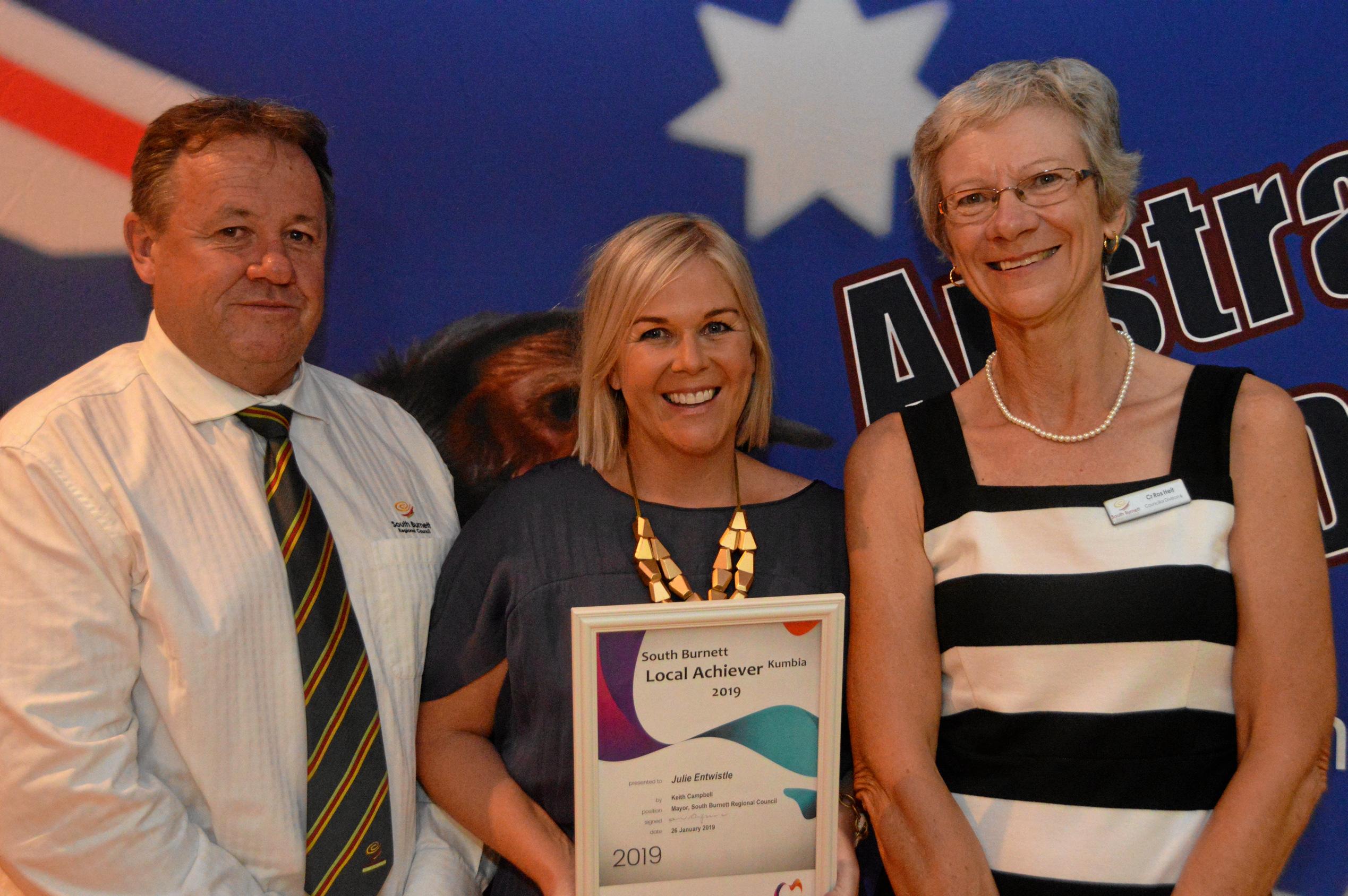 Winner of the Kumbia Local Achiever Award Jules Entwistle with Cr Ros Heit and Cr Gavin Jones at the South Burnett Australia Day awards 2019. Picture: Claudia Williams