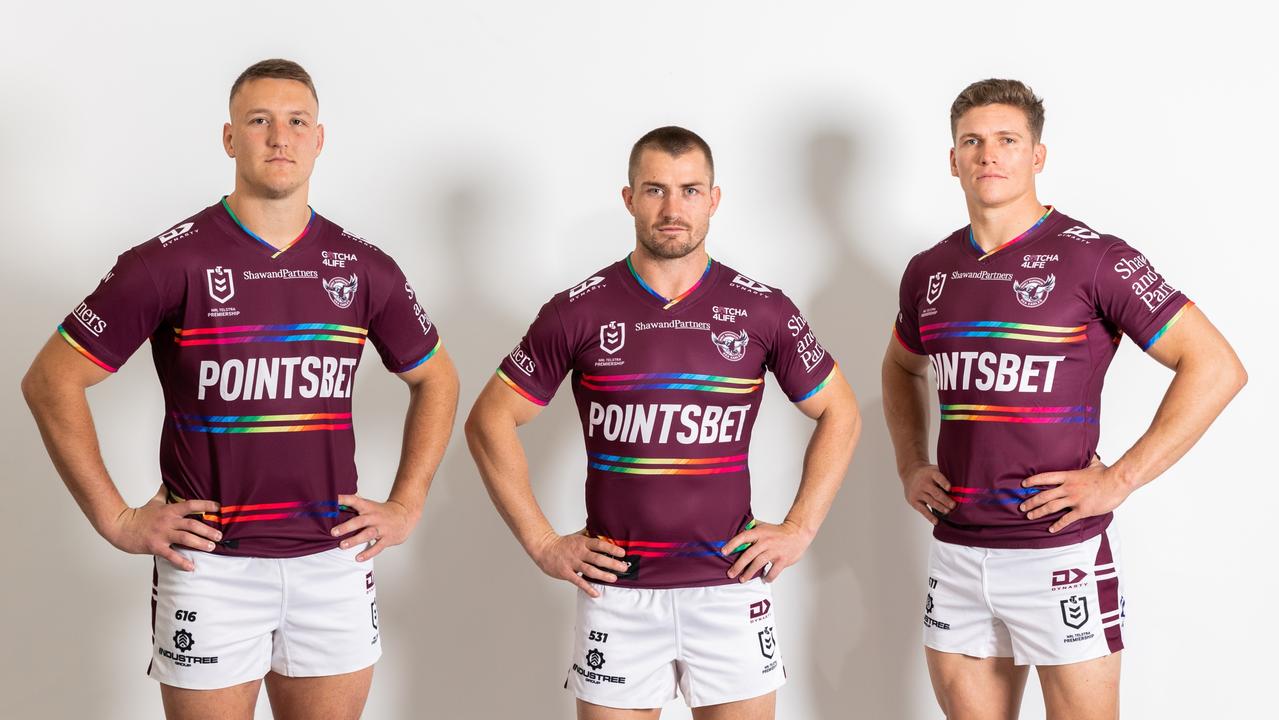 Manly’s Sean Keppie, Kieran Foran and Reuben Garrick in the Sea Eagle's Pride jersey. Picture: Manly Digital