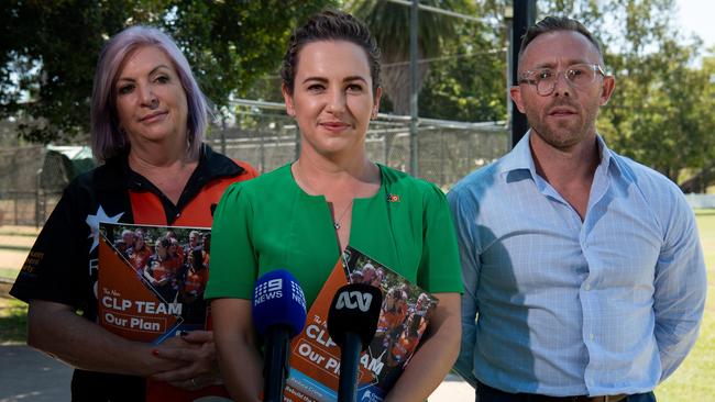 CLP candidate Robyn Cahill, opposition leader Lia Finocchiaro and Cricket NT chief executive Gavin Dovey at the announcement. Picture: Pema Tamang Pakhrin