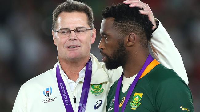 Springboks coach Rassie Erasmus with skipper after Siya Kolisi after their World Cup final win. Picture: Getty Images