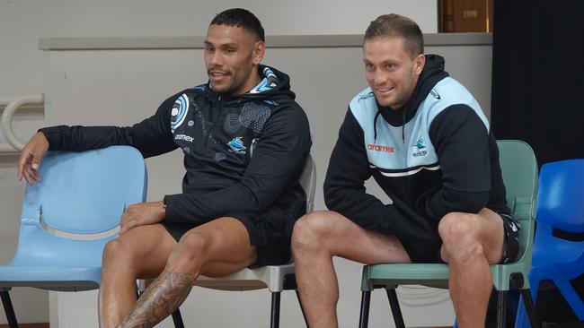 Cronulla Sharks NRL players Jesse Ramien and Matt Moylan at Mary Help of Christians Primary School. Picture: Chris Knight