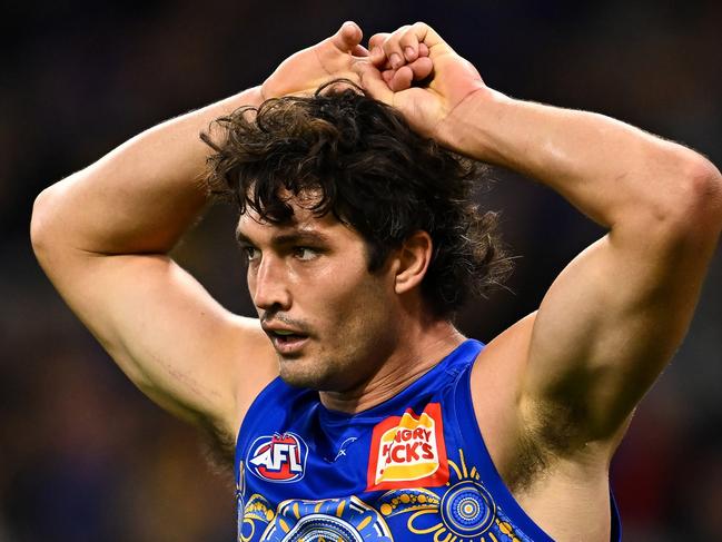 PERTH, AUSTRALIA - MAY 27: Tom Barrass of the Eagles looks exhausted during the 2023 AFL Round 11 match between the West Coast Eagles and the Essendon Bombers at Optus Stadium on May 27, 2023 in Perth, Australia. (Photo by Daniel Carson/AFL Photos via Getty Images)