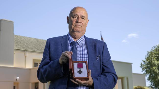 Investiture ceremony for Ordinary Seaman Edward ”Teddy" Sheean VC. Teddy's nephew Gary Ivory with Teddy's VC at Government House in Canberra. The Governor-General David Hurley presented the insignia of the Victoria Cross for Australia to the Garry Ivory who represented the Sheean family. Picture: NCA NewsWire / Gary Ramage