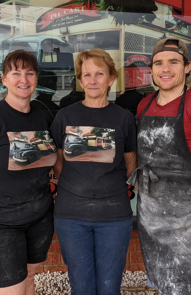 Owner Sharon Restall and Kim Baker beside Jeremy Milosevic (left to right) pictured outside Lismore Pie Cart Bakery on Magellan St, Lismore.