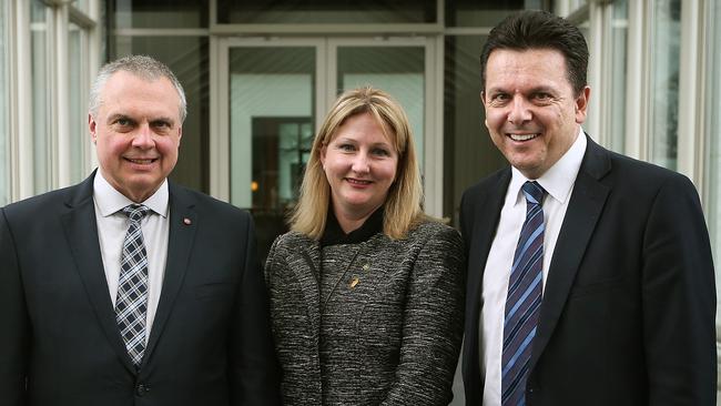 Halcyon days … Senator Stirling Griff with MP Rebekha Sharkie and Senator Nick Xenophon in 2016. Picture Kym Smith