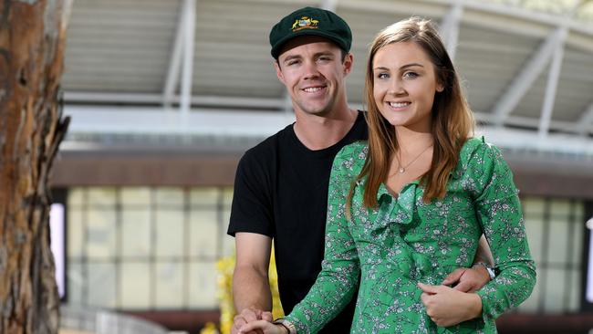 Cricketer Travis Head with girlfriend Jessica Davies. Picture: Tricia Watkinson