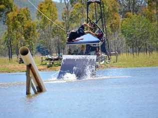 AIR TIME: Wakeboarder Ayden Bellz tests out the equipment at YNY Wake Co Gladstone cable park near Calliope.