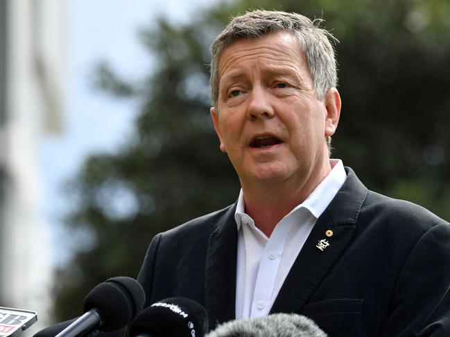 Australian Olympic Committee chief executive Matt Carroll speaks at a press conference at Circular Quay in Sydney on March 25, 2020, the morning after the historic decision to postpone the 2020 Tokyo Olympic Games. (Photo by SAEED KHAN / AFP) / -- IMAGE RESTRICTED TO EDITORIAL USE - STRICTLY NO COMMERCIAL USE --