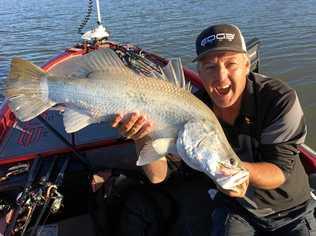 GREAT CATCH: Despite windy conditions, Craig Griffiths and Karim De Ridder won the 2019 Fitzroy River Barra Bash fishing tournament after catching 11 fish which measured 7.7 metres at Port Alma. Picture: Contributed