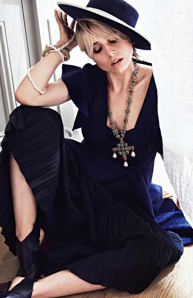 Sportmax waistcoat $1115, Michael Lo Sordo top $250, Tome skirt $870, Fallen Broken Street hat $120, Kenneth Jay Lane $750, Lucy Folk necklace (worn as bracelet) $450, Ellery shoes $950. Picture: Sylve Colless