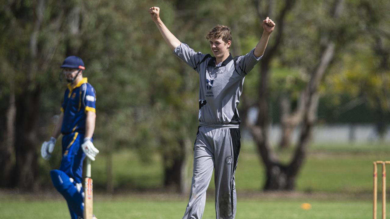 Anthony Bowles of Southern District Magpies celebrates bowling Alexander Newtown of University out in round 2 Reserve grade One Day Toowoomba Cricket at Middle Ridge Park, Saturday, October 12, 2024. Picture: Kevin Farmer