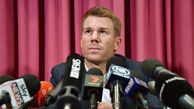 David Warner at a Sydney press conference after the ball-tampering scandal in South Africa in March 2018. (Picture: Supplied)