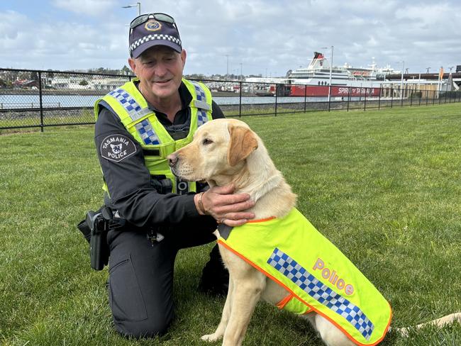 Police sniffer dog Omara with her handler Ross Alexander. Picture: Simon McGuire.