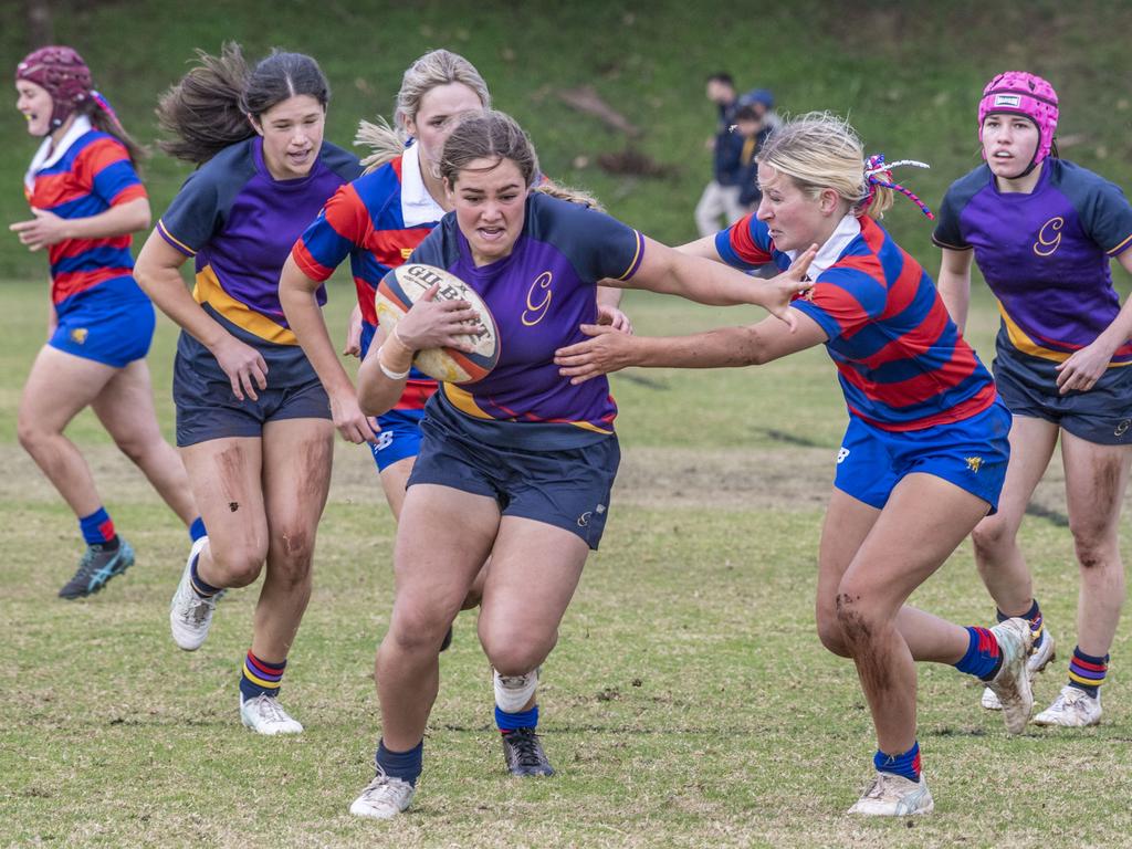 Sienna Norris for Glennie. Selena Worsley Shield game2. Girl's rugby 7s Downlands vs Glennie. Saturday, August 6, 2022. Picture: Nev Madsen.