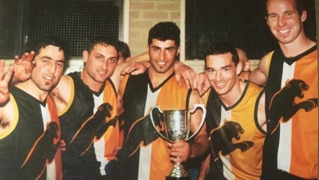 (From left) Joe Amad, Anthony Lekkas, Matt Amad, Gerard Bevan and Brett Jeffery played in all four of Northcote Park's consecutive premierships. Picture: Supplied