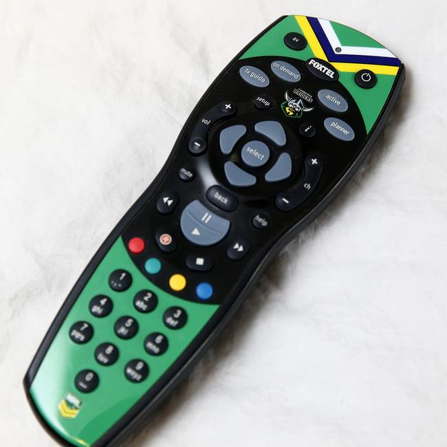 Canberra Raiders themed Foxtel remote. Picture: John Appleyard