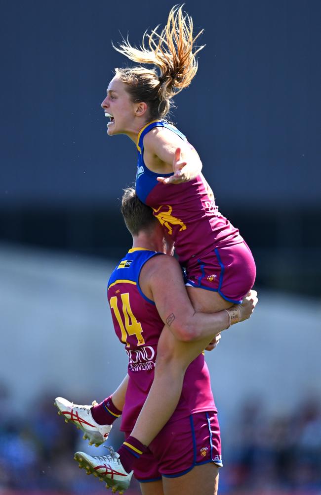 Dakota Davidson of the Brisbane Lions celebrates during the AFLW Grand Final. The Lions went on to defeat the North Melbourne Tasmanian Kangaroos by 17 points. Picture: Quinn Rooney/Getty Images)